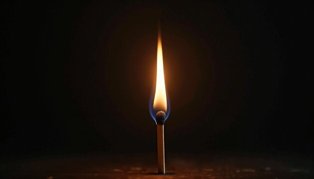 Single matchstick with flame on a black background showcasing creativity in a dramatic lighting