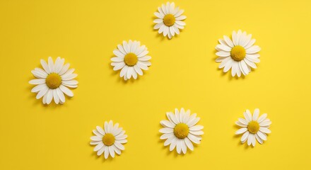 Fototapeta premium Seven White Daisy Flowers Scattered on a Vibrant Yellow Background