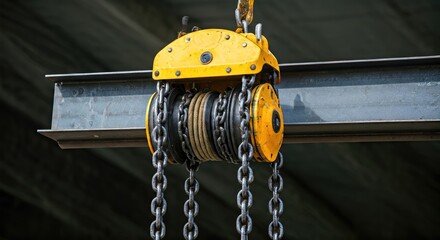 Industrial yellow hoist with steel chains