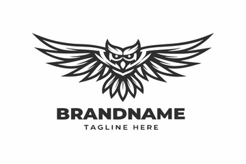 Stylized Owl with Wings Spread Wide, Detailed Feathers on White Background