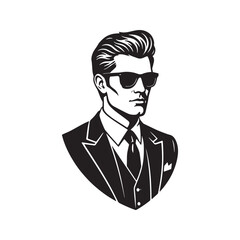 Stylish man with sunglasses and cool hairstyle in a suit. Vector logo silhouette of a handsome businessman or gentleman for branding.
