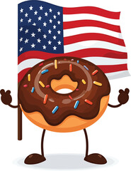 Festive cartoon chocolate donut character holding an American flag, a sweet symbol of national pride and celebration