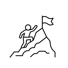 Fototapeta premium Leadership and ambition concept icon of a person climbing a mountain to reach a goal flag on the peak