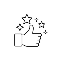 Modern line icon depicting a thumbs up gesture with sparkling stars, representing positive feedback, high rating, and excellent service