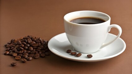White Coffee Cup With Beans On Brown Background saucer