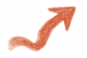 Hand-drawn growing orange arrow pointing upwards, symbolizing progress and growth, isolated on transparent background