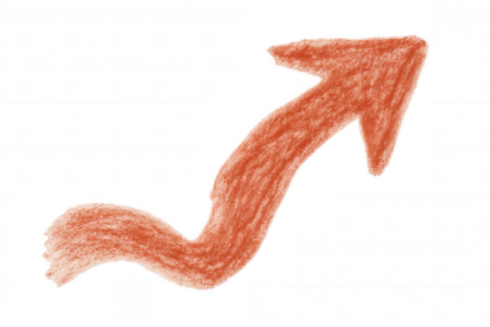 Hand-drawn growing orange arrow pointing upwards, symbolizing progress and growth, isolated on transparent background