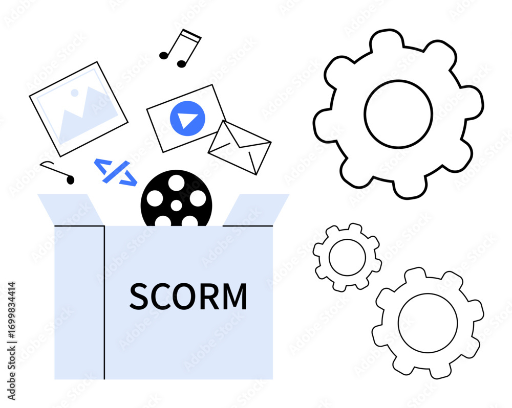 Poster open scorm box with multimedia icons including video, audio, coding, mail, gears symbolizing automat