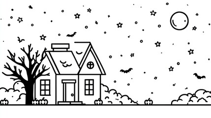 Fototapeta premium Spooky house scene at night. Line art style with a moon, stars, bats, and pumpkins