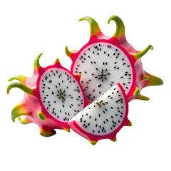 Two dragon fruits, one sliced in half, revealing its white flesh with black seeds, isolated on transparent background