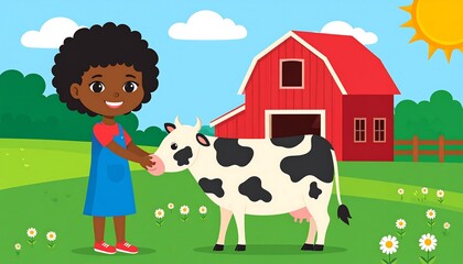 Obraz premium Cute girl petting a cow in a farm scene