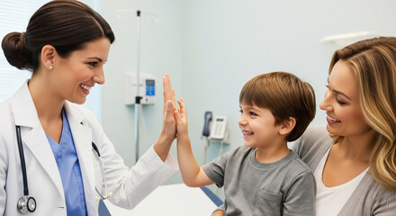 Fototapeta premium Happy family medicine physician in uniform giving high five to cute child, child smiling, sitting with mother during doctor visit. Trust, pediatric care, stress-free medical support, family doctor