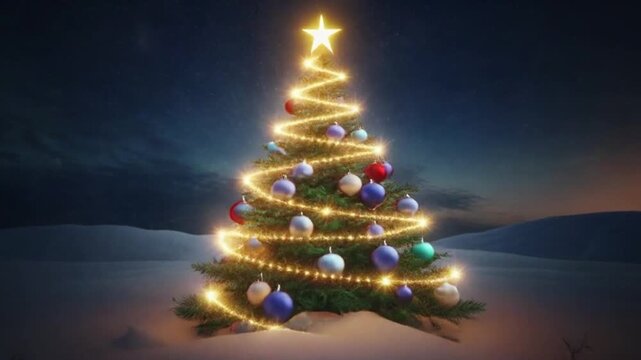 Magic Christmas Tree Appears with Lights and Star in Snowy Winter Landscape