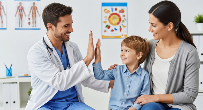 Happy family medicine physician in uniform giving high five to cute child, child smiling, sitting with mother during doctor visit. Trust, pediatric care, stress-free medical support, family doctor