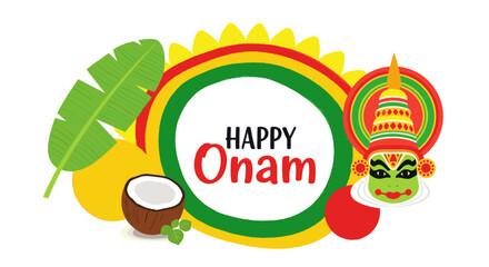 Happy Onam greeting with traditional elements like Kathakali mask, banana leaf, coconut, and fruits, set against a colorful sunburst.