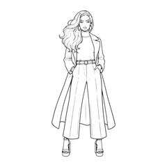 Trendy fashion illustration of a stylish woman in a modern outfit. Black and white line art sketch of a beautiful model for a coloring book page.
