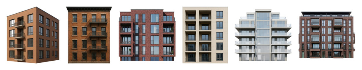 Fototapeta premium Apartment building facade set including modern and traditional brick, concrete styles isolated. Urban architecture and housing collection.