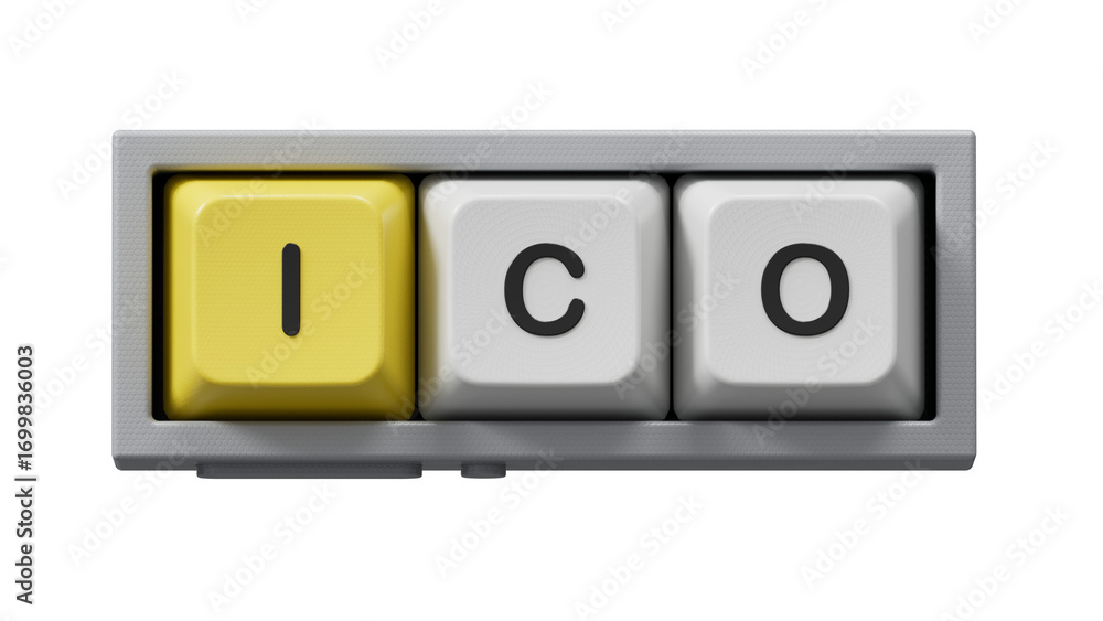 Poster letters of the alphabet of ico on computer keyboard keys. ico - short for initial coin offering.clos