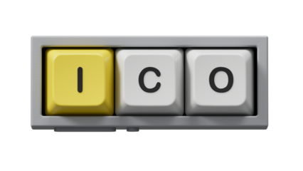 letters of the alphabet of ICO on Computer keyboard keys. ICO - short for initial coin offering.close up of Computer keyboard keys,Business Concept.Supports PNG files with transparent backgrounds.