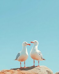 Obraz premium Two Seagulls on Rock Against Blue Sky