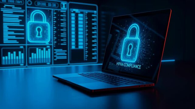 Laptop screen shows HIPAA compliance digital lock symbol, secure data protection and privacy technology, healthcare computer