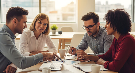 young creative employees collaborating in meeting using business documents laptop and ideas on table during office discussion session work and office life business activity photo
