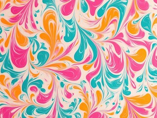 Vibrant Ebru Art with Pink, Teal, and Orange