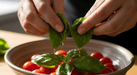 Hands Carefully Placing Fresh Basil Leaves On Juicy Red Cherry Tomatoes In A Rustic Bowl, Creating A Delicious And Elegant Culinary Presentation
