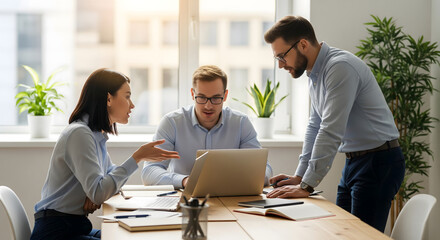 business coworkers exchanging ideas during strategy meeting using financial charts computer and documents in casual corporate workspace room work and office life business activity photo