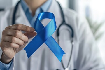 A doctor holding a blue ribbon in support of prostate cancer awareness and men's health initiatives
