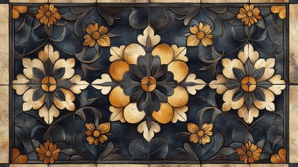 Intricate floral design on dark background tile.