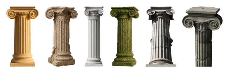 Ancient Ionic column set including clean, weathered, mossy, and damaged stone versions isolated. Classical architecture design elements.