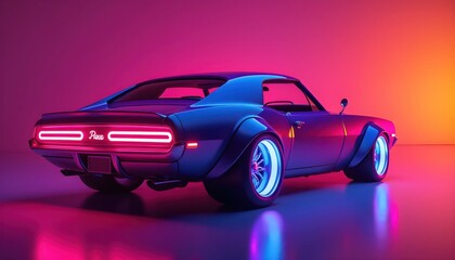 Neon Futuristic Muscle Car Shining with Purple Pink Orange Gradient Lights