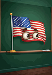 An illustrated American flag with wide, expressive eyes, standing on a flagpole against a blackboard, evoking a sense of surprise or wonder
