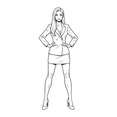 Fashion illustration of a stylish businesswoman in a modern suit. Black and white line art sketch of a confident woman in a blazer and skirt for a coloring page.
