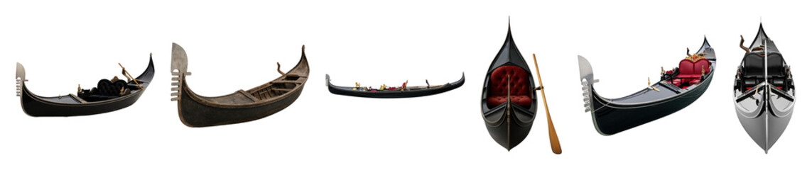 Obraz premium Gondola boat set including multiple views, black, red, and wood versions isolated. Venice travel and Italian tradition.