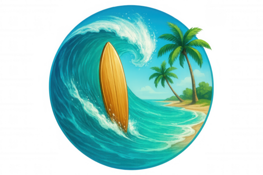 Surfboard gliding across turquoise wave, tropical palm-fringed island silhouetted, circular transparent framing ocean scene
