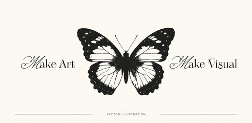 Trendy design poster with halftone butterfly. Stipple or dotwork effect. Grainy moth in y2k style. Retro photocopy. Motivation slogan. Vector illustration art