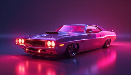 Retro Style Car in Vibrant Synthwave Neon Glow and Futuristic Colors