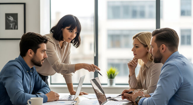creative professionals analyzing business data together in office meeting using financial charts printed paperwork and computer technology tools work and office life business activity photo - Powered by Adobe
