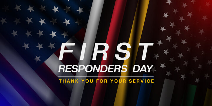 National First Responders Day. First responder flag, american flag and light. Great for posters, banners, and social media. Black background.