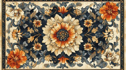 Intricate floral design rug with orange, beige, and blue flowers on dark background.