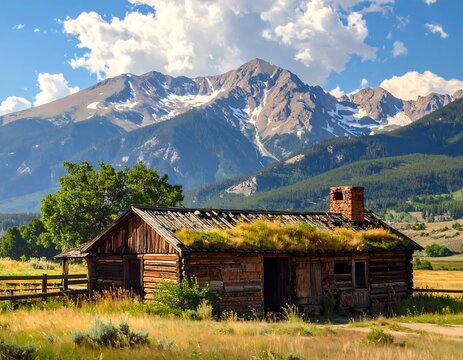 Rustic cabin nestled in a meadow with the majestic mountains landscape