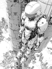 Awesome Robot in the future city. Futuristic cyborg coloring page book for kids and everyone.