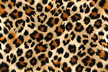 Fototapeta premium Leopard print fabric design. showing a repeating pattern of spots and textures. Design features a beige background with black and brown spots and fur-like details.