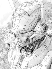Awesome Robot in the future city. Futuristic cyborg coloring page book for kids and everyone.