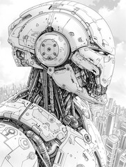 Awesome Robot in the future city. Futuristic cyborg coloring page book for kids and everyone.