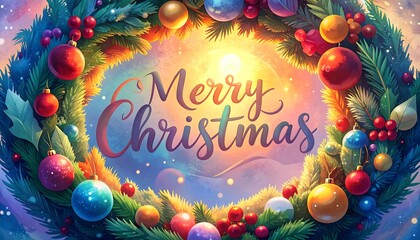 Naklejka premium Merry Christmas Wreath with Festive Ornaments and Glowing Lights.