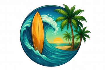 Surfboard riding vibrant wave, silhouetted palm trees, golden sunset backdrop, transparent graphic design element