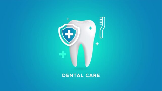 3D tooth motion animation with medical shield symbol and dental tools. Represents oral health, hygiene, professional dentistry, and protection for a bright and healthy smile. Perfect for healthcare th